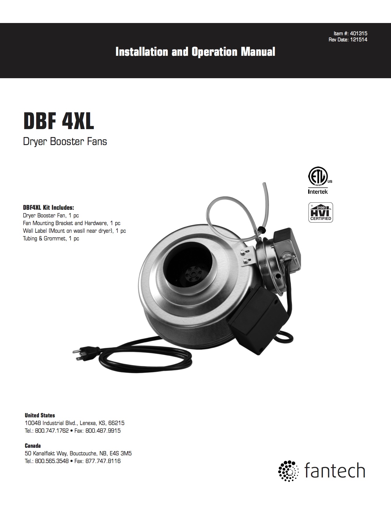 DBF 4XLT Dryer Booster Kit W/FG 4XL Fan With Wall Mount Indicator Panel